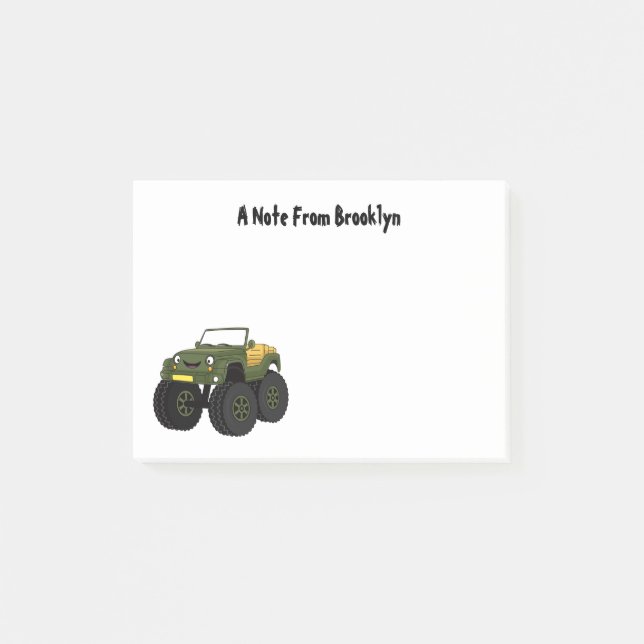 Green monster truck cartoon illustration post-it notes (Front)