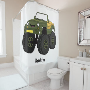Green monster truck cartoon illustration shower curtain