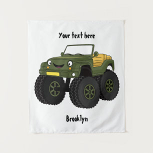 Green monster truck cartoon illustration tapestry