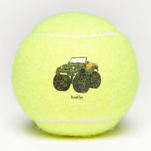 Green monster truck cartoon illustration tennis balls