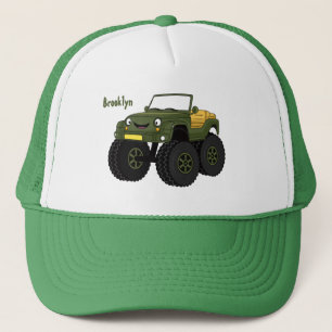Green monster truck cartoon illustration trucker hat