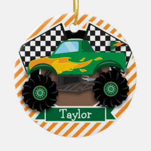 Green Monster Truck, Chequered Flag; Orange Stripe Ceramic Tree Decoration