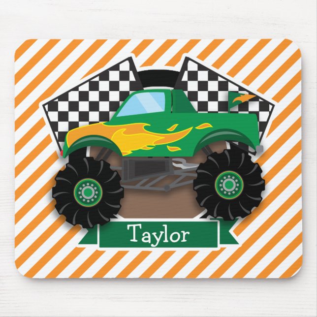 Green Monster Truck, Chequered Flag; Orange Stripe Mouse Pad (Front)