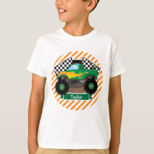 Green Monster Truck, Chequered Flag; Orange Stripe T-Shirt