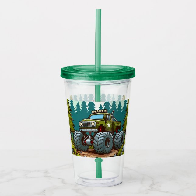 Green Monster Truck in the forest Acrylic Tumbler (Front)