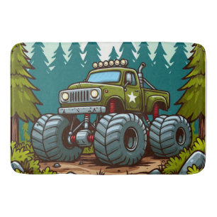 Green Monster Truck in the forest Bath Mat