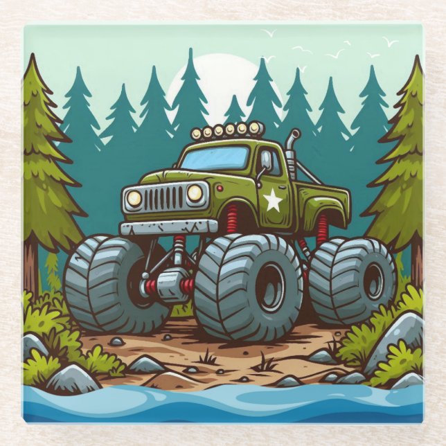 Green Monster Truck in the forest Glass Coaster (Front)