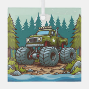 Green Monster Truck in the forest Glass Tree Decoration