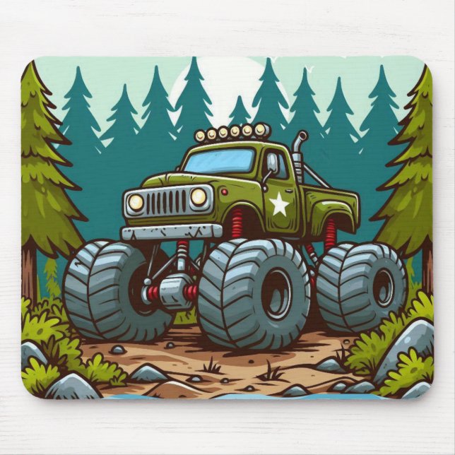 Green Monster Truck in the forest Mouse Pad (Front)