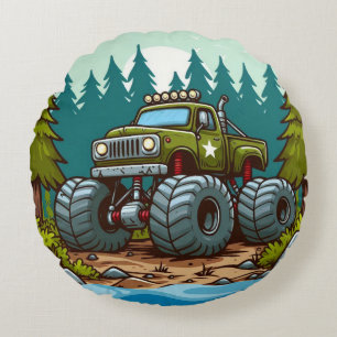 Green Monster Truck in the forest Round Cushion
