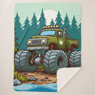 Green Monster Truck in the forest Sherpa Blanket