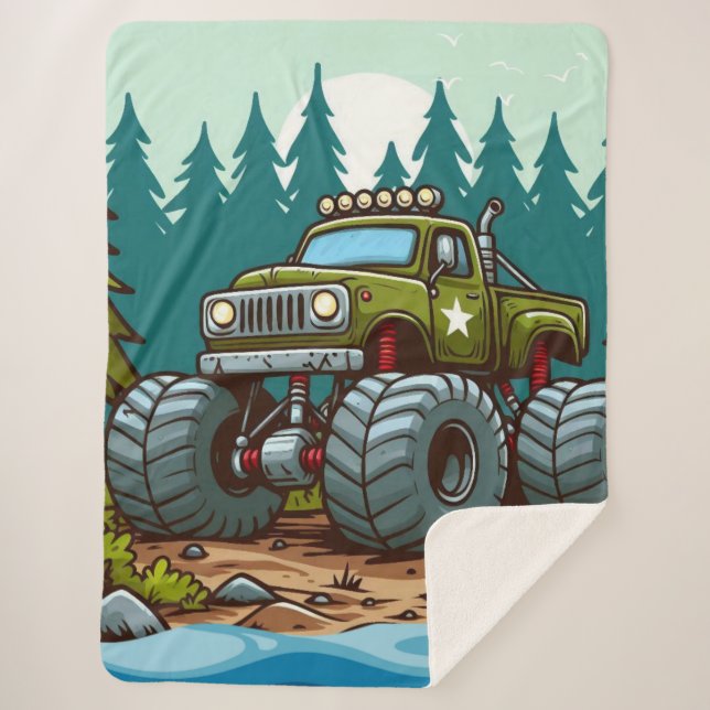Green Monster Truck in the forest Sherpa Blanket (Front)