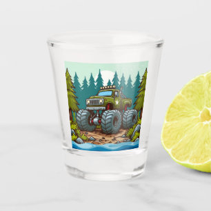 Green Monster Truck in the forest Shot Glass