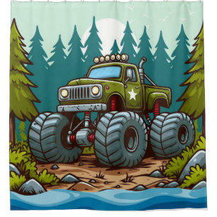 Green Monster Truck in the forest Shower Curtain
