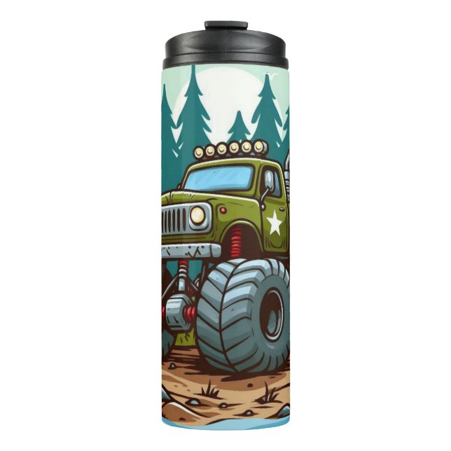 Green Monster Truck in the forest Thermal Tumbler (Front)