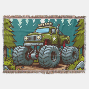 Green Monster Truck in the forest Throw Blanket