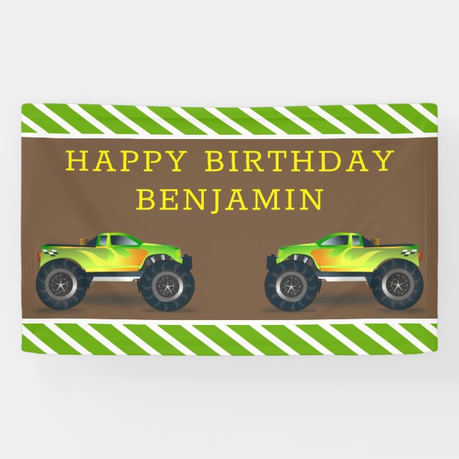 Green Monster Truck Kids Birthday Party Banner (Horizontal)