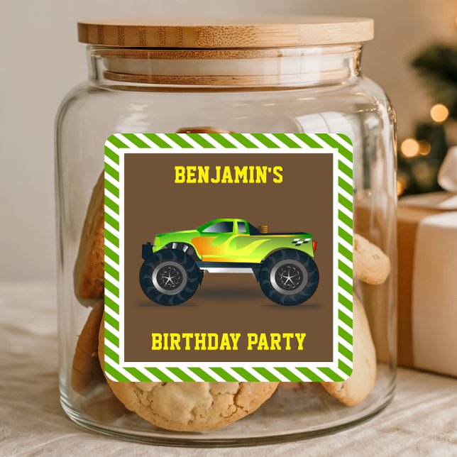 Green Monster Truck Kids Birthday Party Favour Square Sticker (Creator Uploaded)