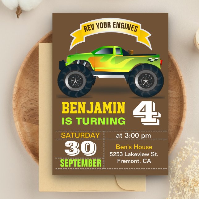 Green Monster Truck Kids Birthday Party Invitation (Creator Uploaded)