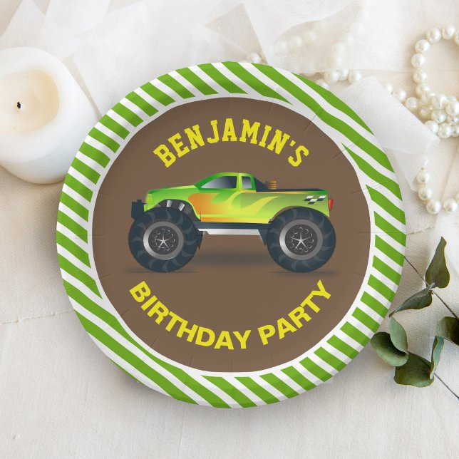Green Monster Truck Kids Birthday Party Paper Plate (Creator Uploaded)