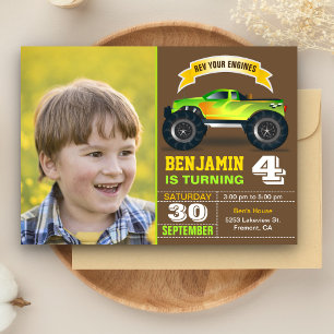 Green Monster Truck Kids Photo Birthday Party Invitation