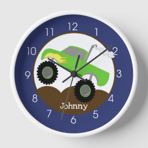 Green Monster Truck Navy Blue Border Kids Clock