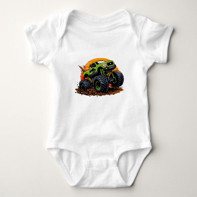 Green Monster Truck Off-Road Racing Illustration Baby Bodysuit (Front)