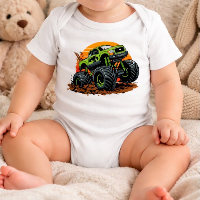 Green Monster Truck Off-Road Racing Illustration Baby Bodysuit (Creator Uploaded)