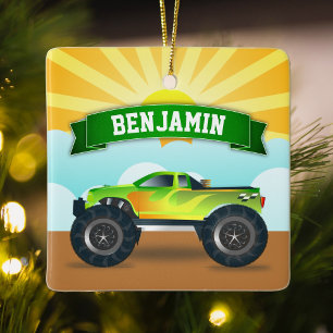 Green Monster Truck Personalised Name Kids Room Ceramic Ornament