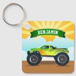 Green Monster Truck Personalised Name Kids Room Key Ring