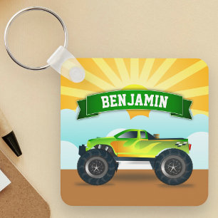 Green Monster Truck Personalised Name Kids Room Key Ring