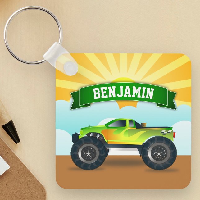 Green Monster Truck Personalised Name Kids Room Key Ring (Creator Uploaded)
