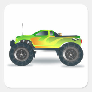 Green Monster Truck with Flames Painted On Side Square Sticker