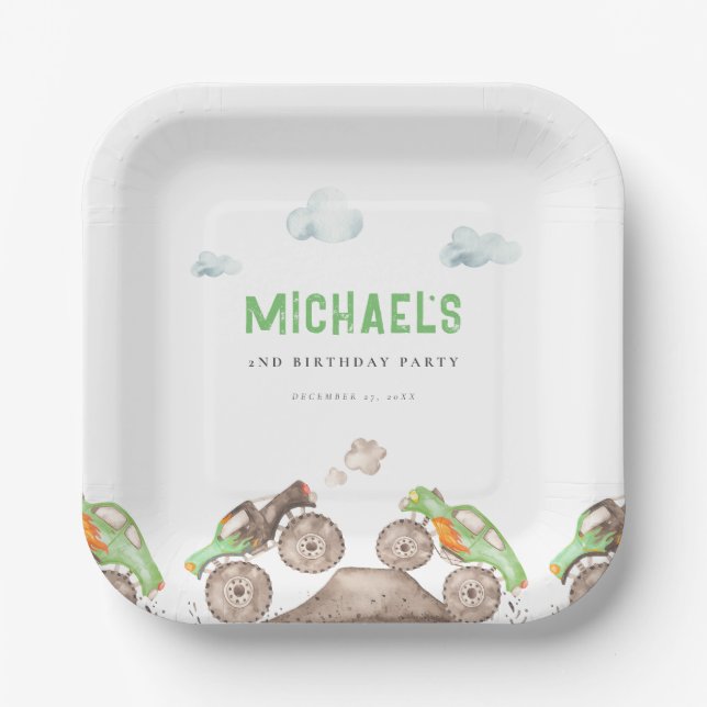 Green Monster Trucks Jam Birthday  Paper Plate (Front)