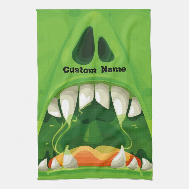 Green Monster with Big Teeth Tea Towel (Vertical)