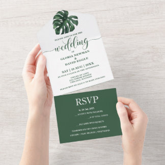 Green Monstera Leaf All in One Wedding Invite
