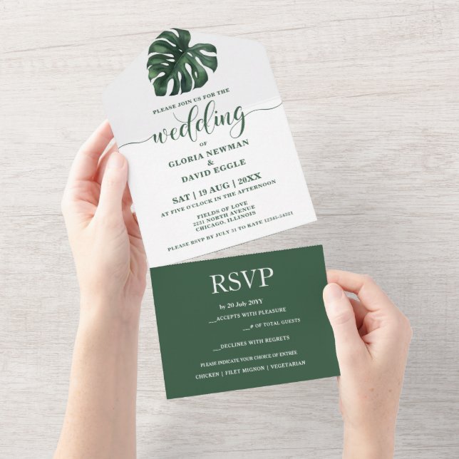 Green Monstera Leaf All in One Wedding Invite (Tearaway)