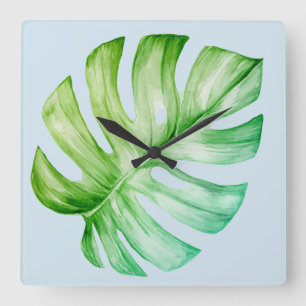 Green Monstera Leaf Botanical Tropical Blue Square Wall Clock