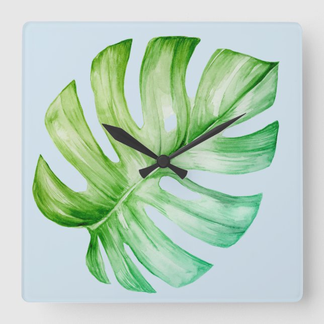 Green  Monstera Leaf Botanical Tropical Blue Square Wall Clock (Front)