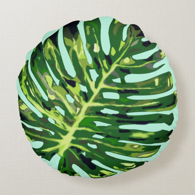 Green Monstera Leaf Round Pillow (Back)