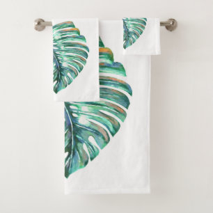 Green Monstera Leaf Watercolor Bath Towel Set