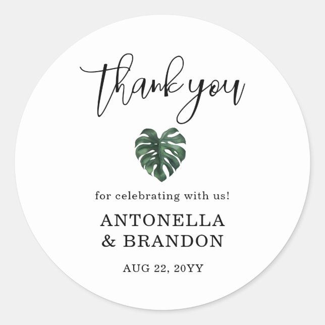 Green Monstera Leaf  Wedding Classic Round Sticker (Front)