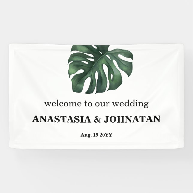 Green Monstera Leaf Wedding Welcome Banner (Horizontal)
