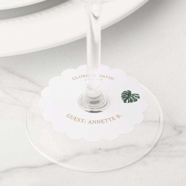 Green Monstera Leaf  Wedding   Wine Glass Tag (Close Up)