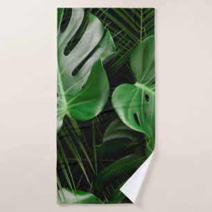 Green monstera leaves and palm leaves bath towel