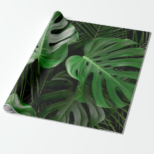 Green monstera leaves and palm leaves wrapping paper