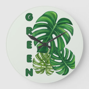 Green Monstera Leaves Large Clock
