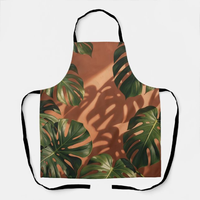 Green Monstera Leaves Terracotta Shadow  Apron (Front)