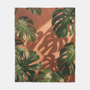 Green Monstera Leaves Terracotta Shadow Fleece Blanket