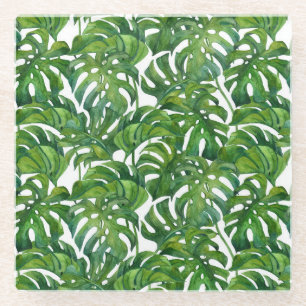 Green Monstera Leaves Tropical Seamless Glass Coaster